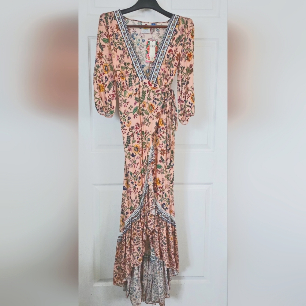 FARM RIO Anthropologie Long Sleeve V-Neck Wrap Dress Pink Floral Small